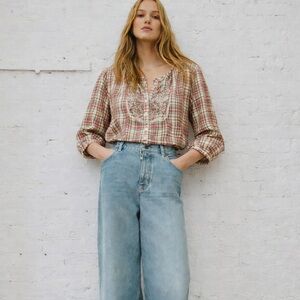 April Cornell Plaid Top with Embroidery